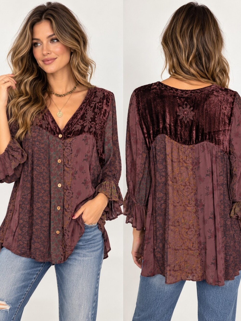 Young Threads Boho Velvet Patchwork Floral Tunic Blouse Chestnut M NWT